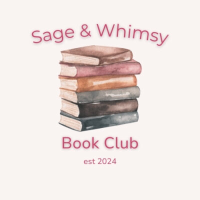 Text: Sage & Whimsy Book Club, established in 2024. Watercolor image features a stack of books in moody pastel colors.